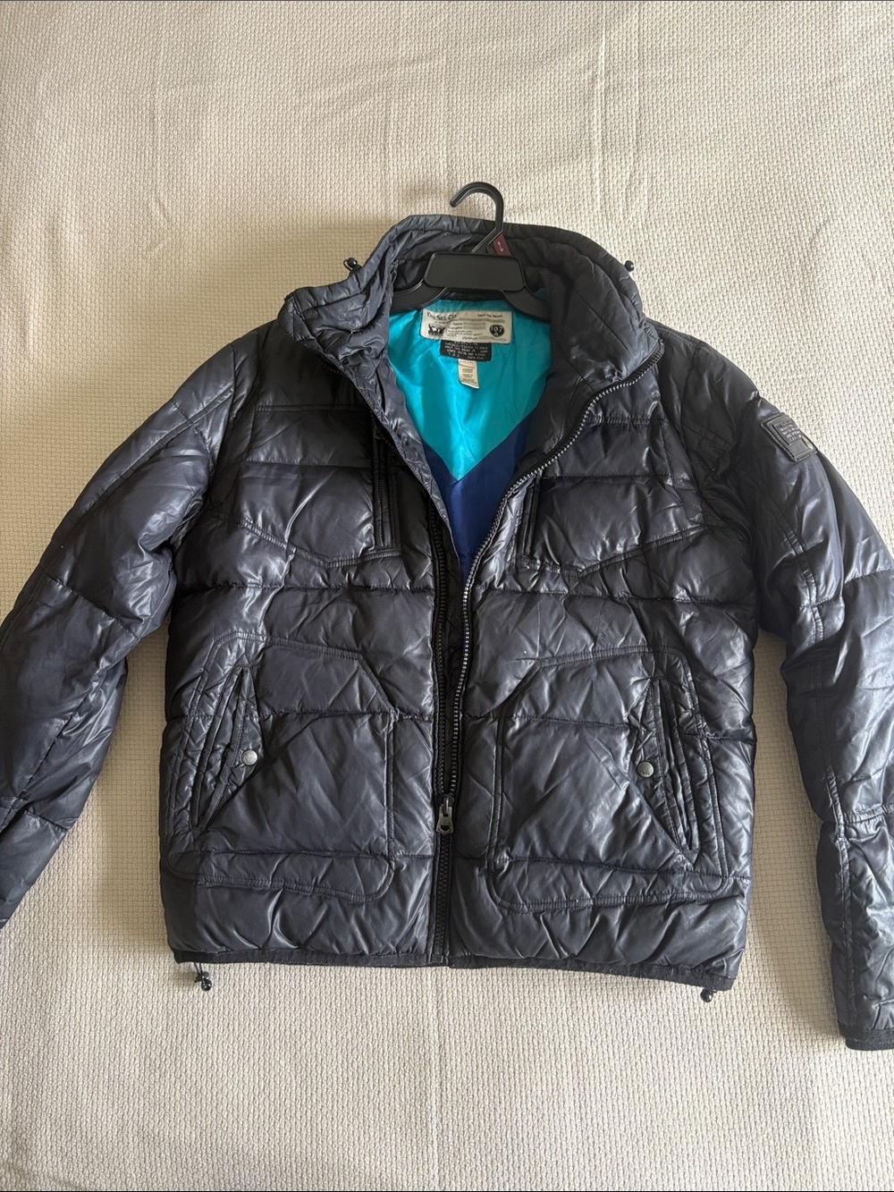 Diesel Men's Vintage Quilted Puffer Jacket in Charcoal with Teal Lining